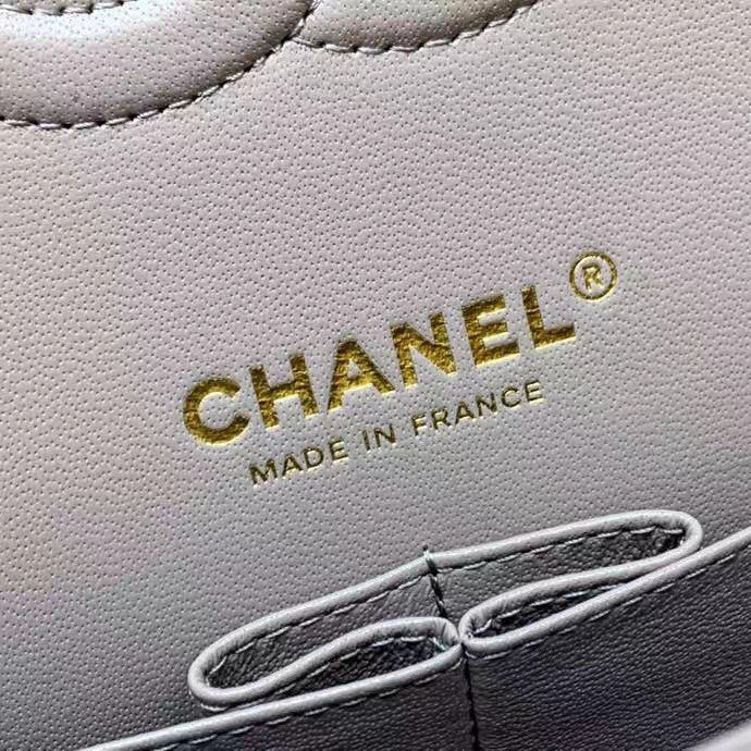 CHANEL  Gris Tourterelle Lambskin Leather Classic Double Flap 2.55 Shoulder Bag With Gold Hardware