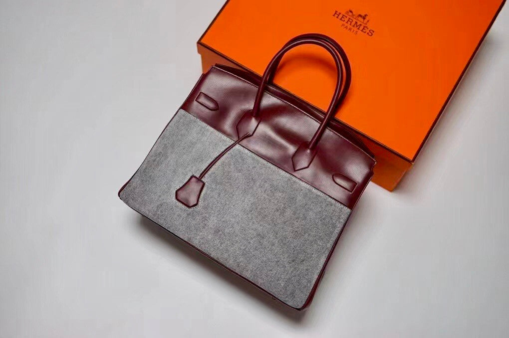 Hermes Shadow Birkin 30 Bordeaux Toile/ Box Leather  Palladium Hardware