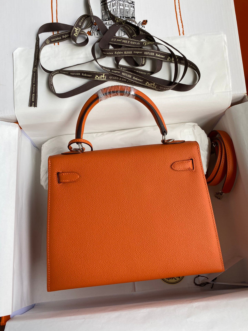HERMES KELLY 28 SELLIER ORANGE EPSOM PALLADIUM HARDWARE