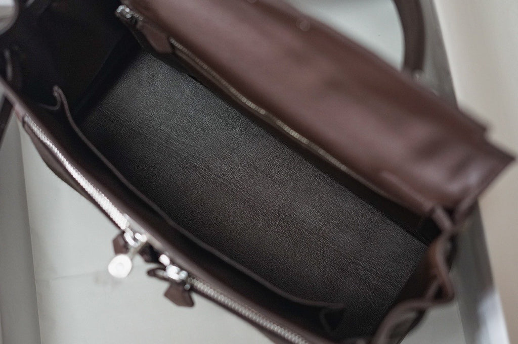 Hermes LIMITED EDITION EBENE SWIFT LEATHER & TOILE LAKIS KELLY 32 WITH PALLADIUM HARDWARE