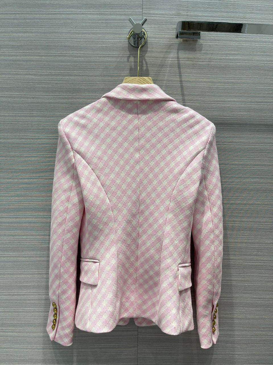 Balmain White and pale pink gingham print tweed jacket