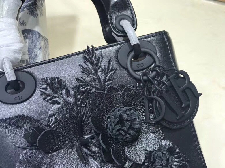 Christian Dior MINI LADY DIOR EMBROIDERED FLOWERS BLACK LAMBSKIN BAG