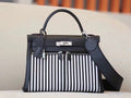 Hermes  LIMITED EDITION VERT ANGLAIS SWIFT LEATHER & TOILE RIGA LAKIS KELLY 32 WITH PALLADIUM HARDWARE