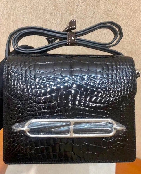 Hermes Noir Shiny Alligator PHW Roulis Mini 18/19 Handbag