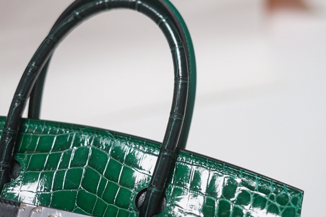 Hermes Birkin Touch 30 Green Porosus Crocodile & Rose Clemence leather with Palladium Hardware