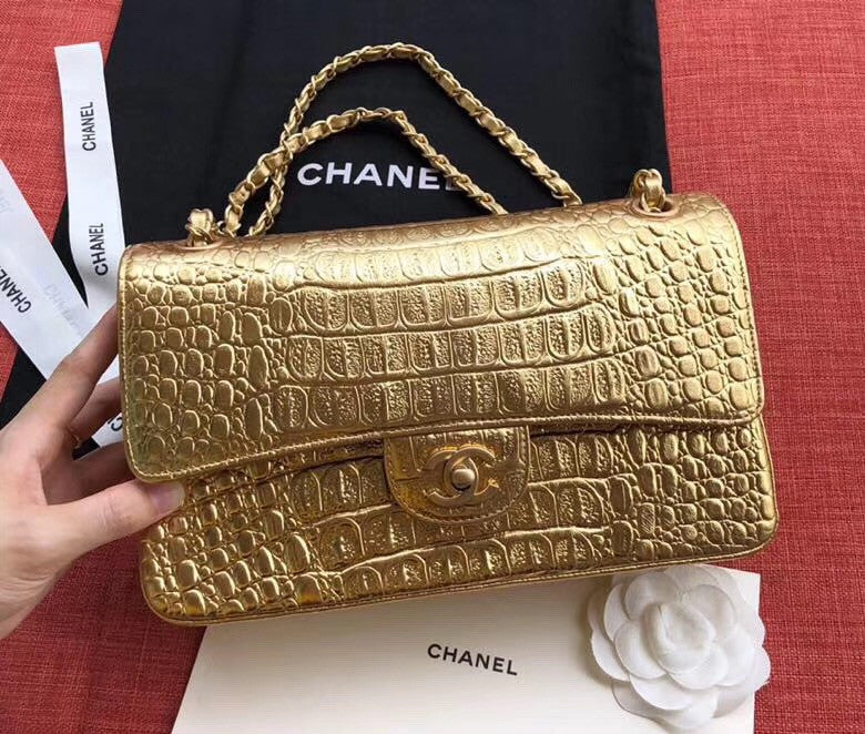 Chanel Small Gold Metallic Crocodile Embossed Flap Bag