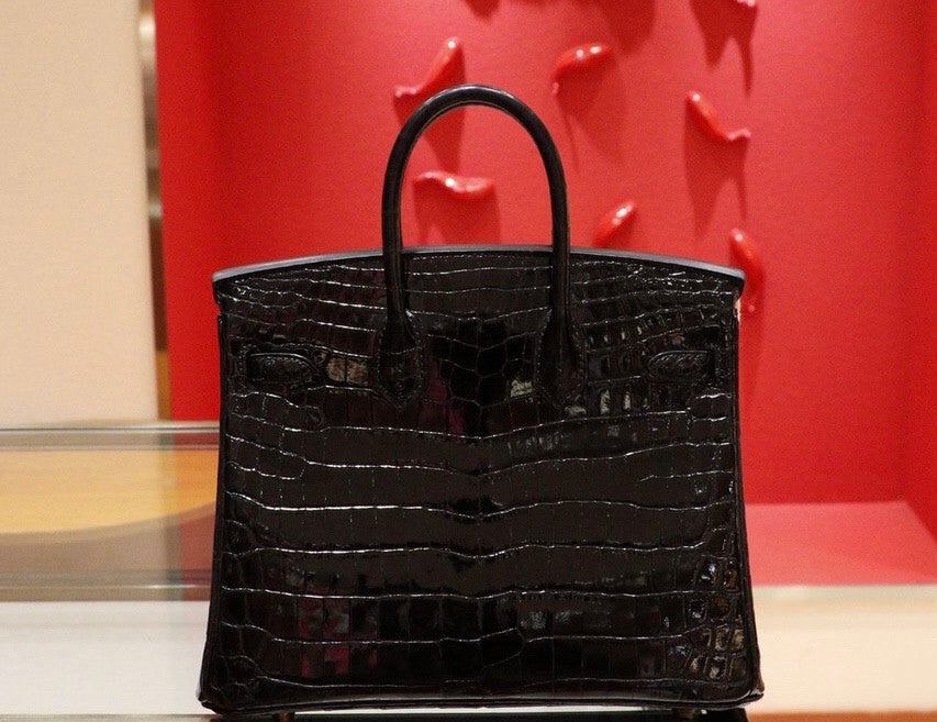 Hermes BLACK Birkin Bag 25cm Shinning Niloticus Crocodile Gold Hardware