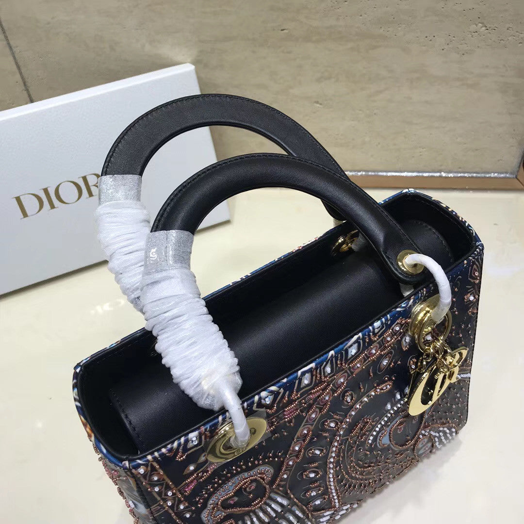 Christian Dior BLACK  LADY DIOR MEDIUM DIOR ANIMALS EMBROIDERED SMOOTH CALFSKIN BAG