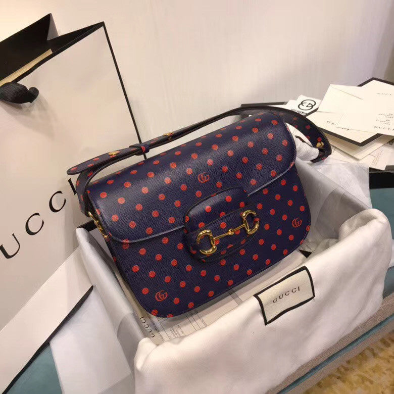 Gucci 1955 Horsebit shoulder bag with Blue leather  polka dot and Double G print