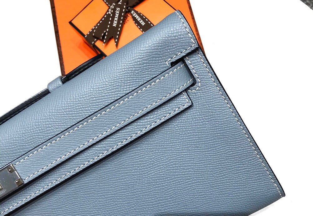 HERMES KELLY CUT CLUTCH BAG BLUE LIN EPSOM PALLADIUM HARDWARE