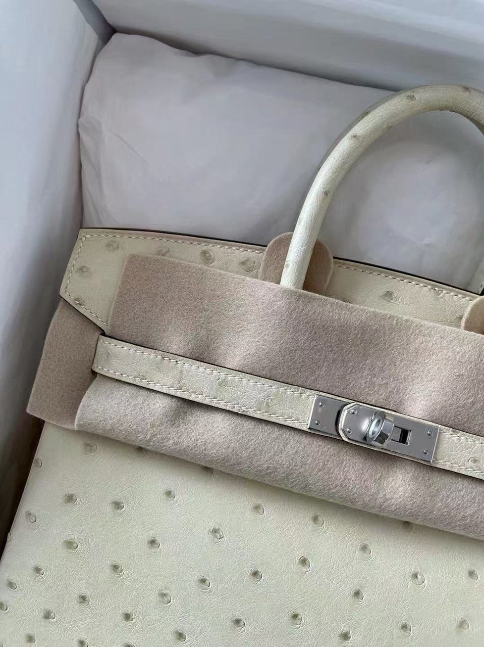 Hermes 3C Wool White Birkin Bag 25cm KK Ostrich Leather Palladium Hardware.