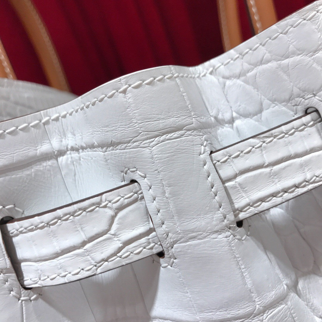 Hermes White/ Gold Birkin 30 in Porosus  Crocodile with Palladium hardware