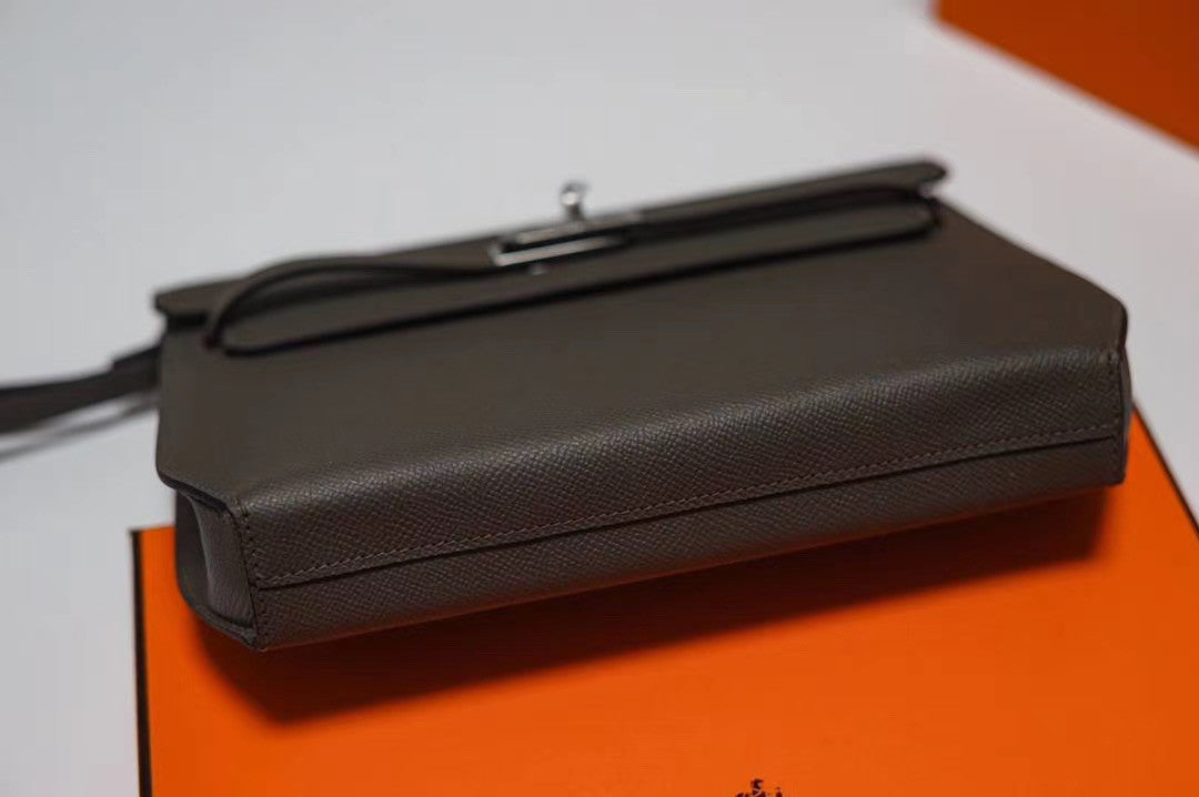 Hermes Kelly Depeches 25 Pochette Black Epsom Palladium Hardware