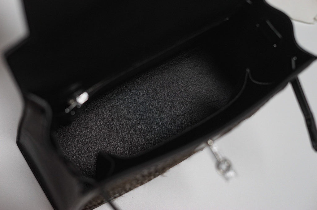 Hermes  FEATHER KELLY 25 Black Peacock feather & Box Leather with Palladium Hardware