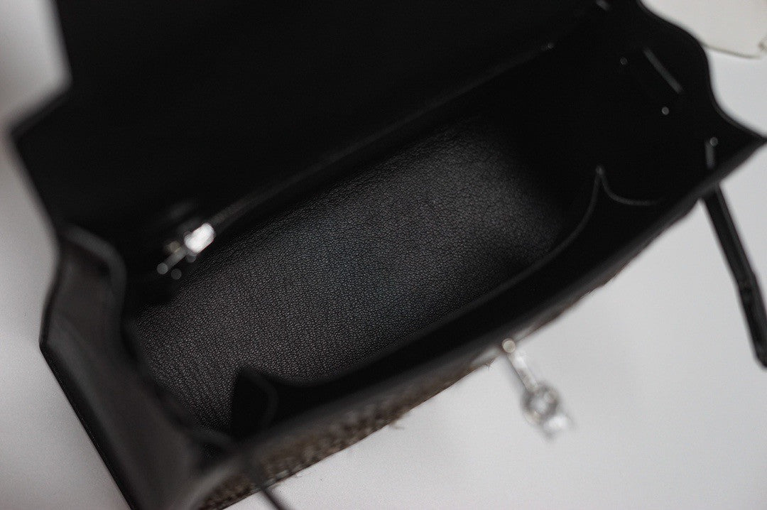 Hermes  FEATHER KELLY 25 Black Peacock feather & Box Leather with Palladium Hardware