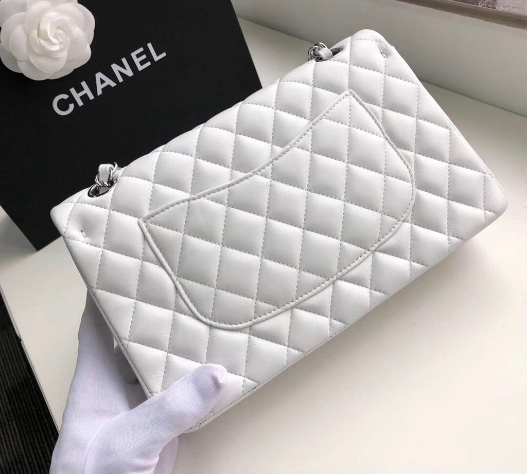 CHANEL White Lambskin Leather Classic Double Flap 2.55 Shoulder Bag With Silver Hardware