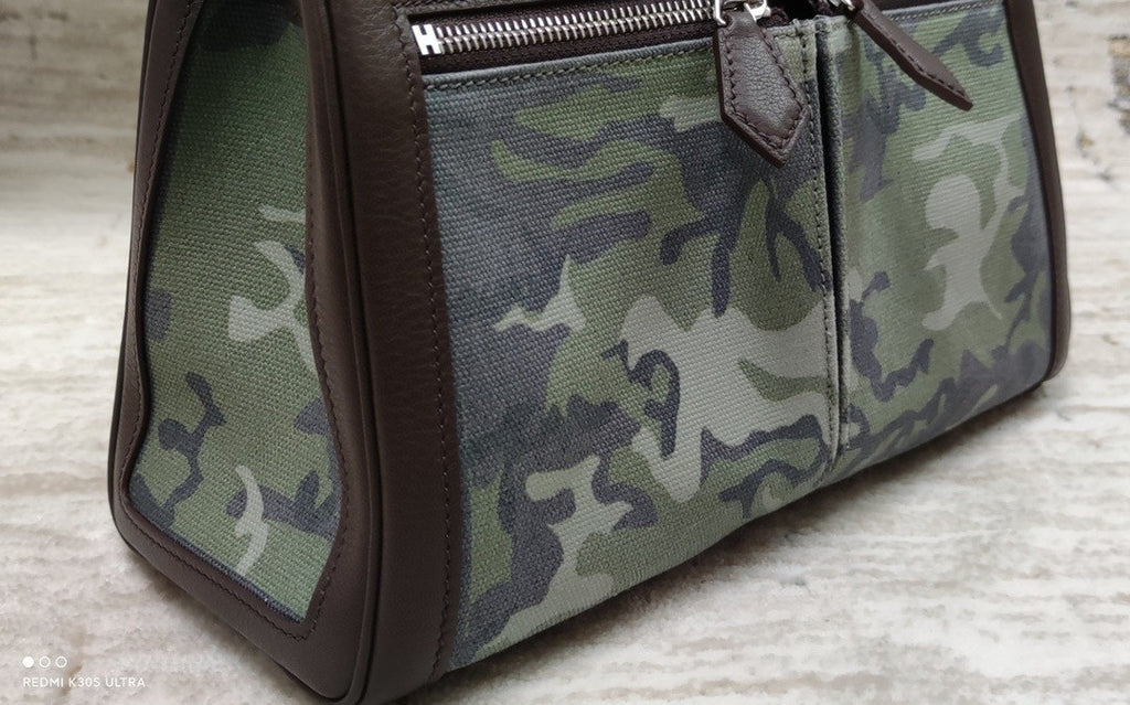 Hermes LIMITED EDITION BROWN SWIFT LEATHER & TOILE CAMOUFLAGE LAKIS KELLY 28 WITH PALLADIUM HARDWARE
