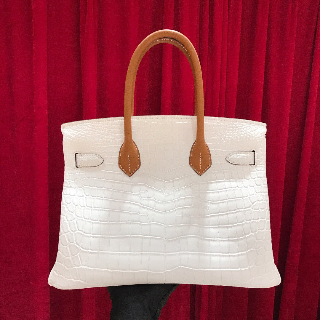 Hermes White/ Gold Birkin 30 in Porosus  Crocodile with Palladium hardware