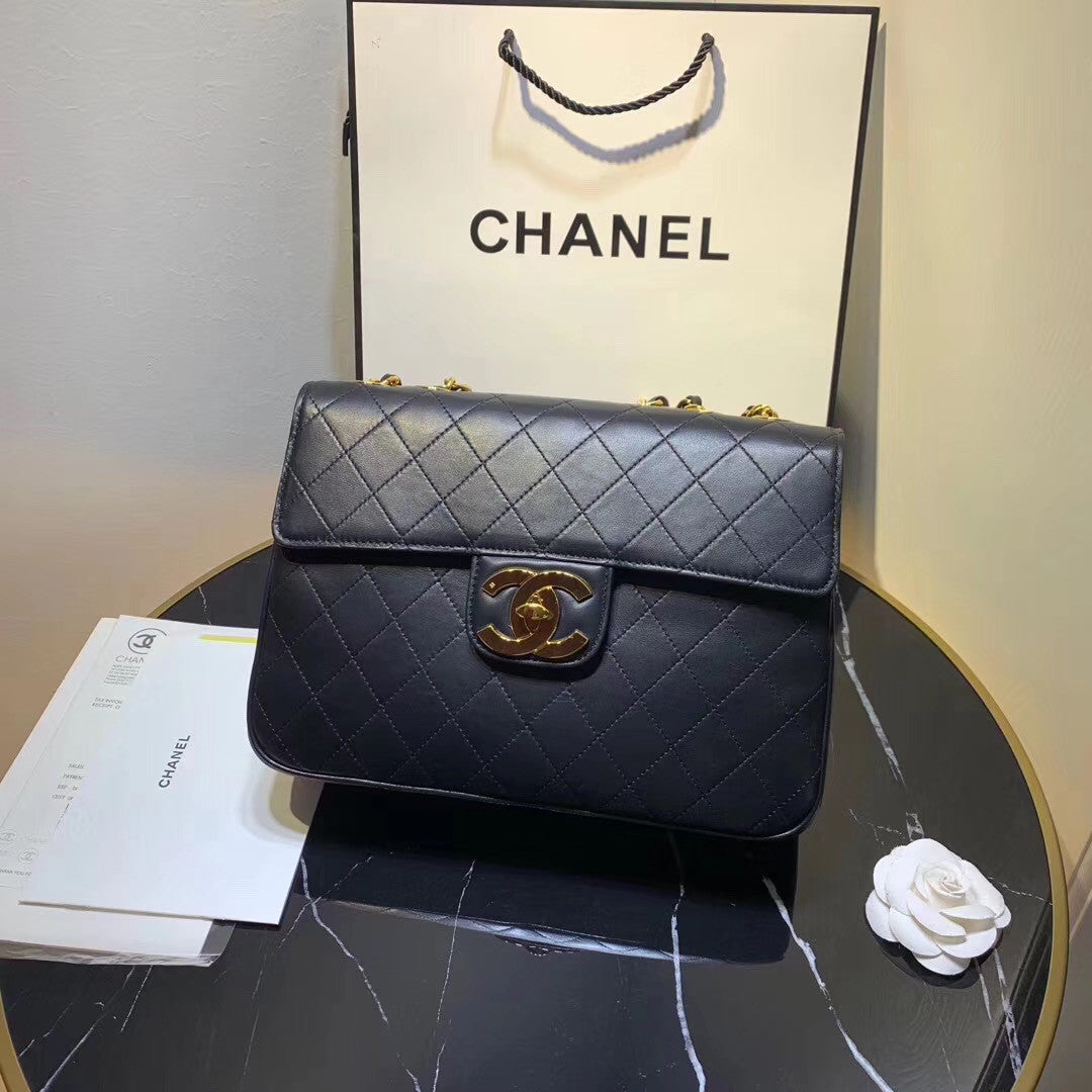 Chanel Vintage Retro Classic Flap XL Quilted Jumbo Large CC Logo GHW Black Lambskin Leather Cross Body Bag