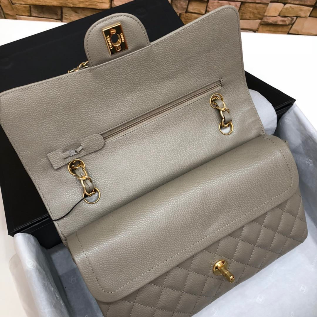 CHANEL Khaki Caviar Leather Classic Double Flap 2.55 Shoulder Bag Gold HW 2021