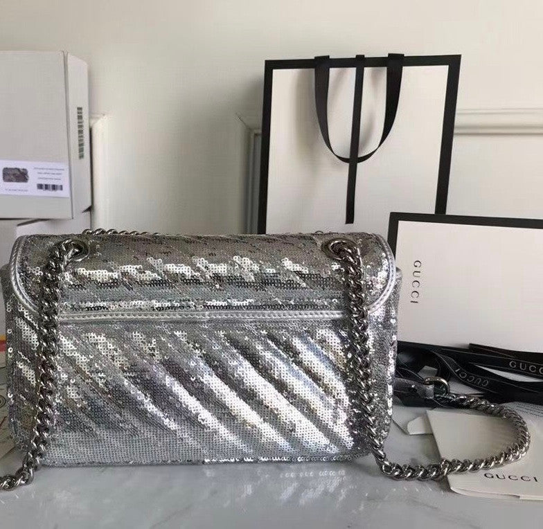 Gucci GG Marmont small Silver sequin shoulder bag