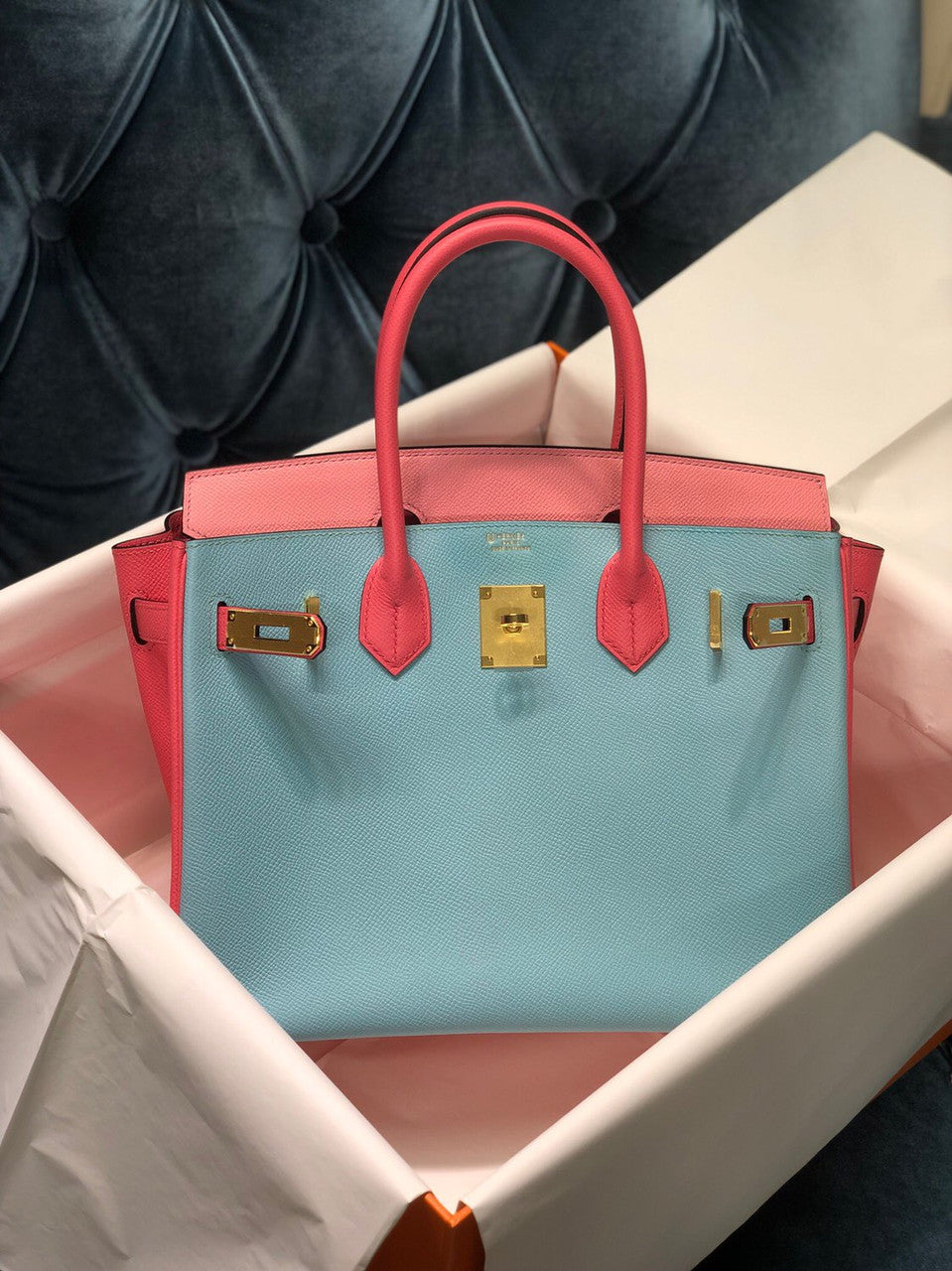 Hermes Special Order Tri-Colour  Rose Confetti, Rose Tyrien, Celest  Birkin 30 cm Epsom Gold   Hardware