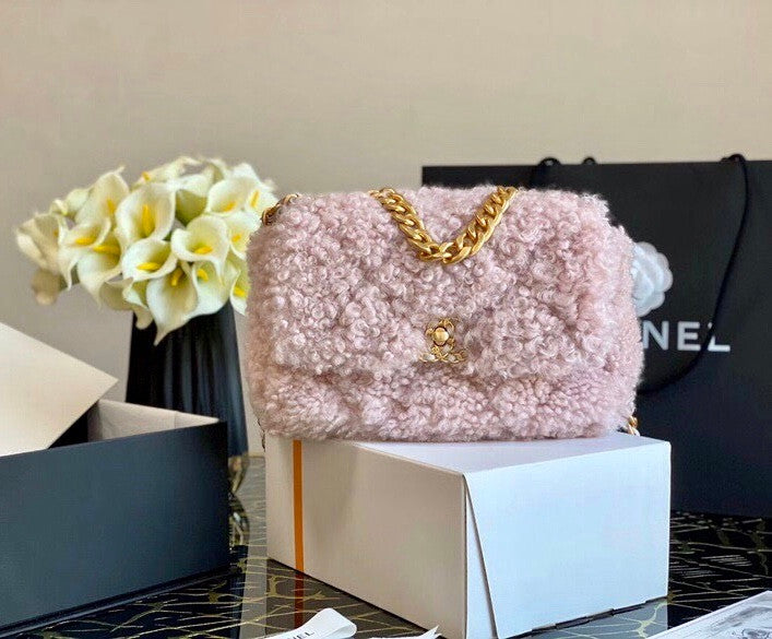 Chanel Shearling Sheepskin CHANEL 19 Flap Bag Pink