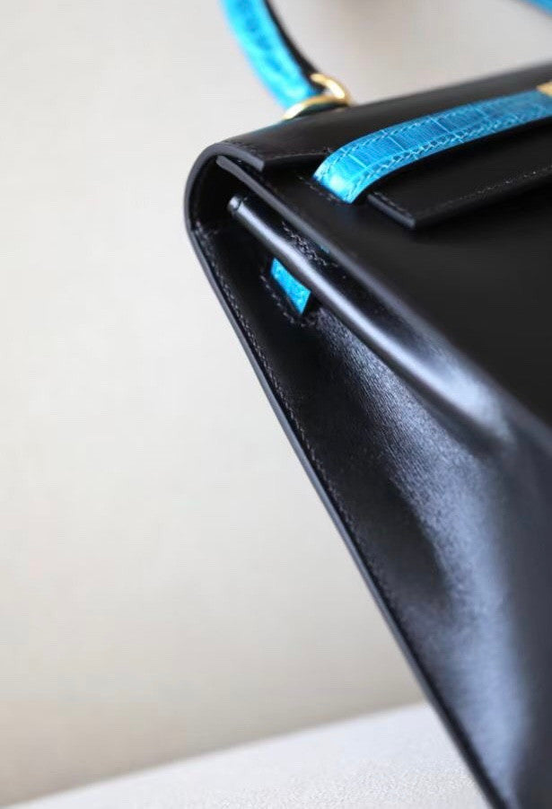 Hermes Special Order 7W Bleu Izmir/ Black Kelly 28 with Crocodile Niloticus and Box Leather