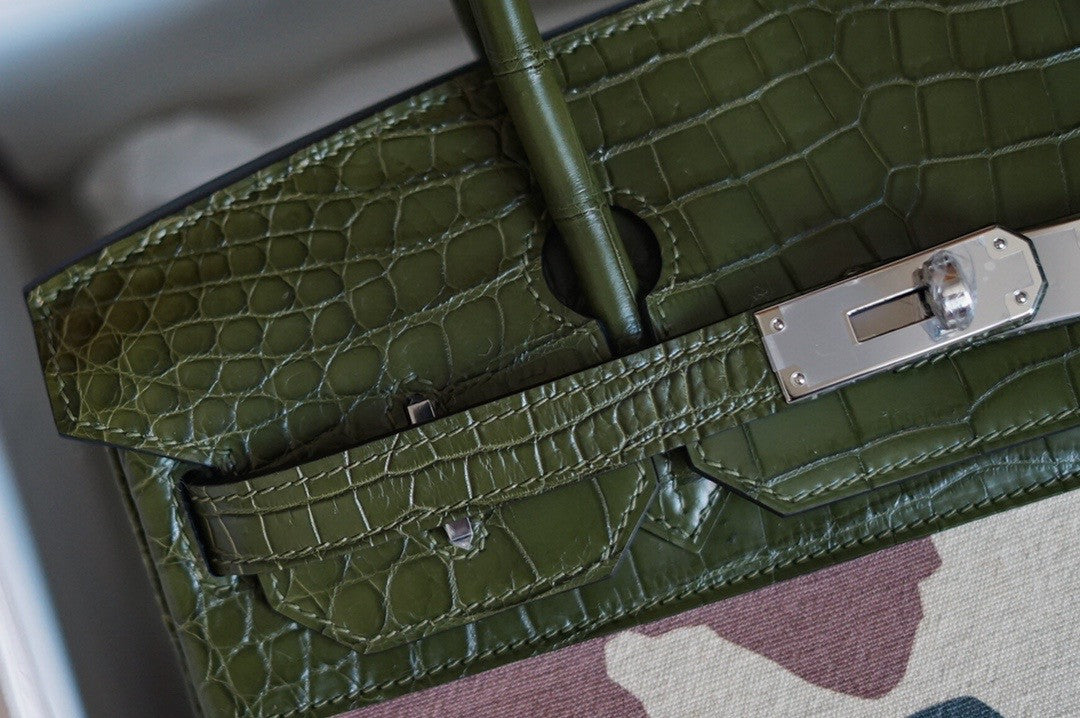 Hermes Limited Edition Birkin Bag 35 In 67 Vert Fonce Alligator and  Camouflage with Palladium hardware