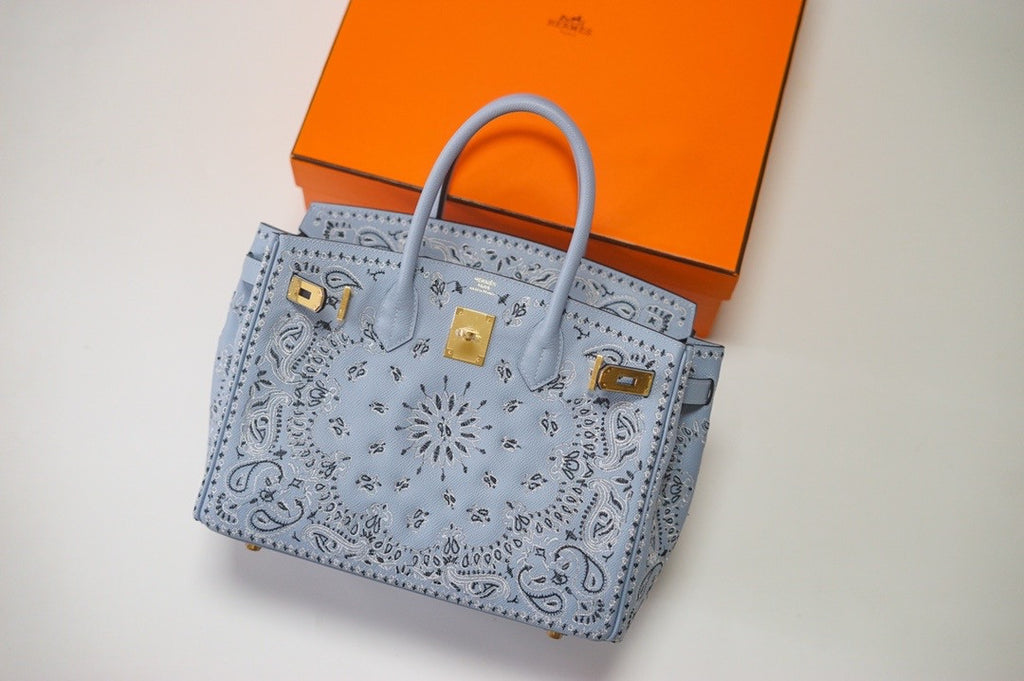 Hermes x Jay Ahr Special Edition custom-embroidering Blue lin Birkin Bag 30cm Epsom Leather Gold Hardware [Carry by Kylie Jenner, Cardi B]
