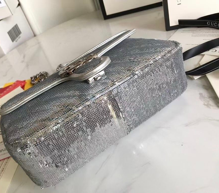 Gucci GG Marmont small Silver sequin shoulder bag