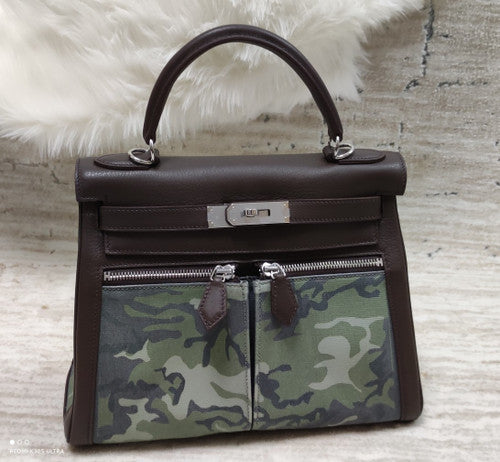 Hermes LIMITED EDITION BROWN SWIFT LEATHER & TOILE CAMOUFLAGE LAKIS KELLY 28 WITH PALLADIUM HARDWARE