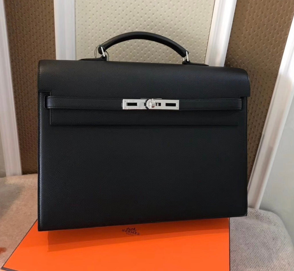 Hermes Kelly Depeche 38 Briefcase in Black with Palladium Hardware