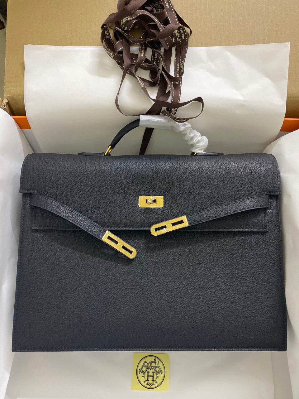 Hermes Kelly Depeche 38 Briefcase in Black with Gold Hardware