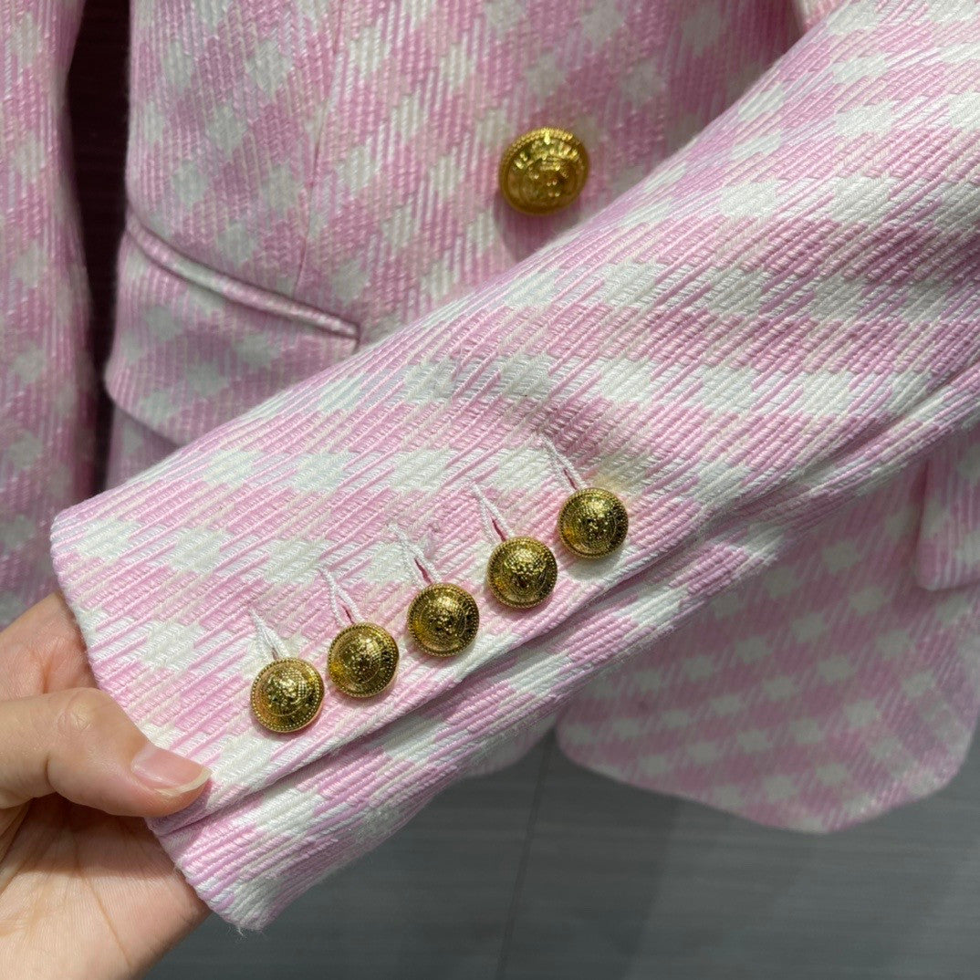 Balmain White and pale pink gingham print tweed jacket