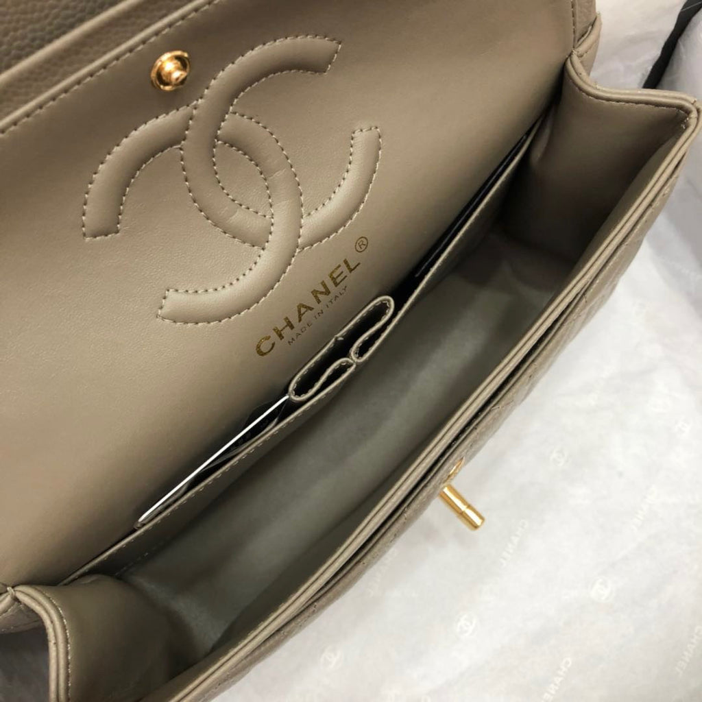 CHANEL Khaki Caviar Leather Classic Double Flap 2.55 Shoulder Bag Gold HW 2021