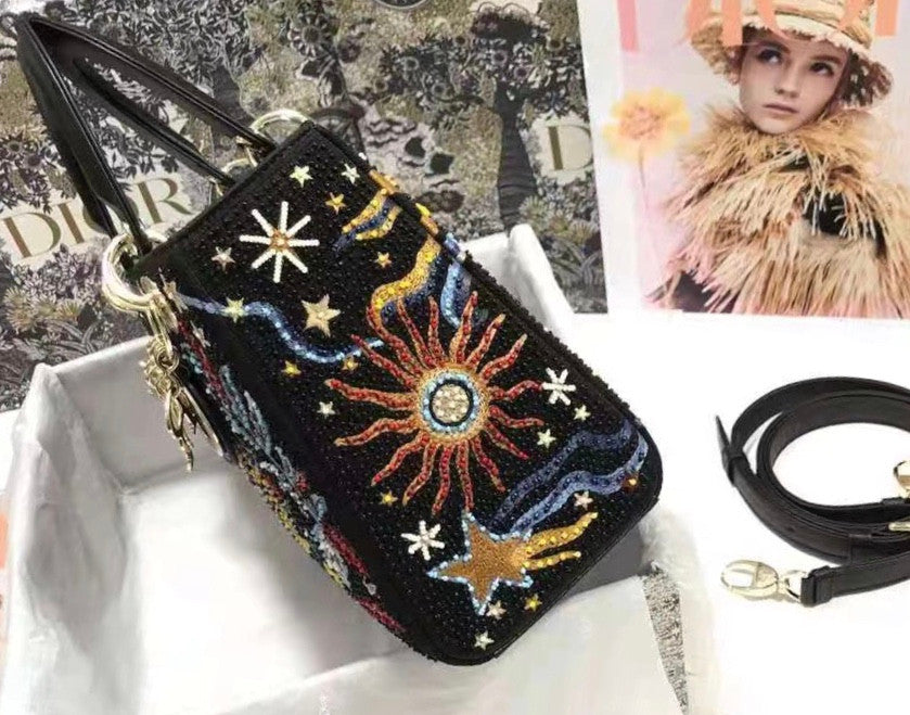 CHRISTIAN DIOR Limited Edition Black Leather Air Embroidered and Beaded Medium Lady Dior Bag