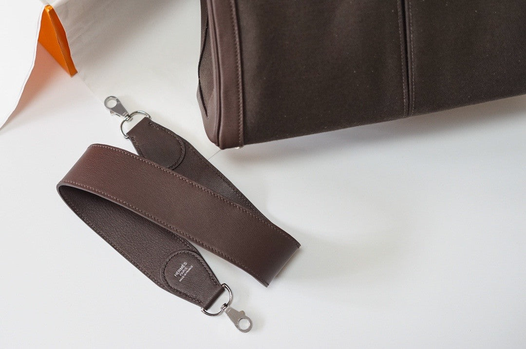 Hermes LIMITED EDITION EBENE SWIFT LEATHER & TOILE LAKIS KELLY 32 WITH PALLADIUM HARDWARE
