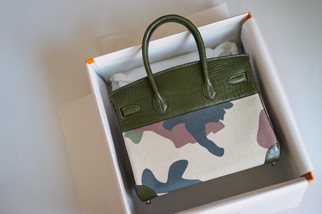Hermes Limited Edition Birkin Bag 35 In 67 Vert Fonce Alligator and  Camouflage with Palladium hardware