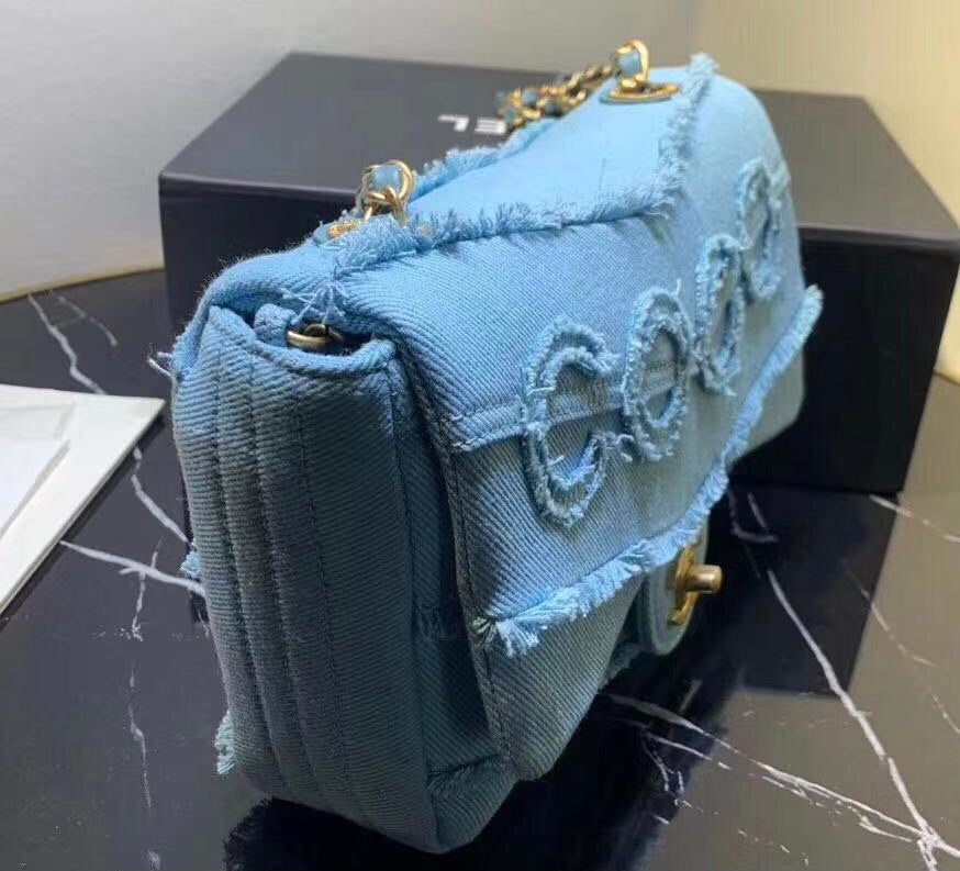 Chanel Coco Flap Bag Fringe Chevron Denim Small Light Blue