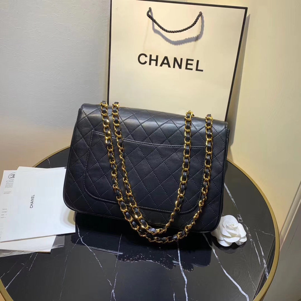 Chanel Vintage Retro Classic Flap XL Quilted Jumbo Large CC Logo GHW Black Lambskin Leather Cross Body Bag