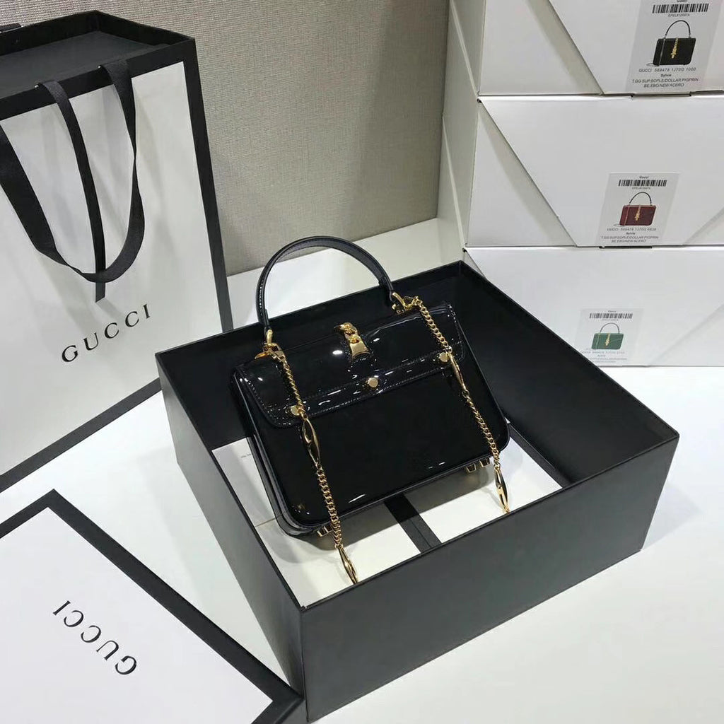Gucci Sylvie 1969 patent leather mini top handle bag Black