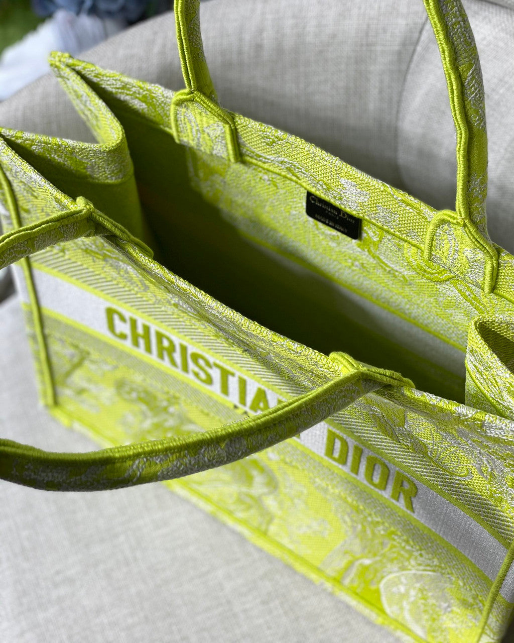 Christian Dior SMALL DIOR BOOK TOTE Lime Toile de Jouy Reverse Embroidery