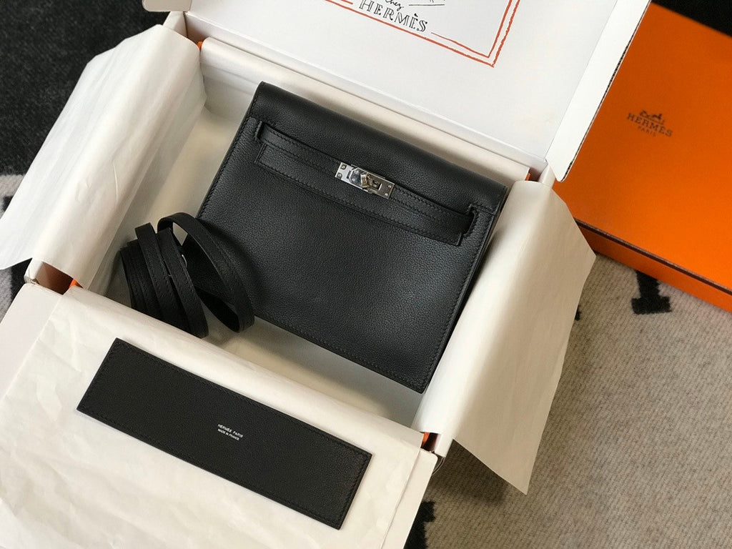 Hermes Black Kelly Danse Bag Swift Leather Palladium Hardware.