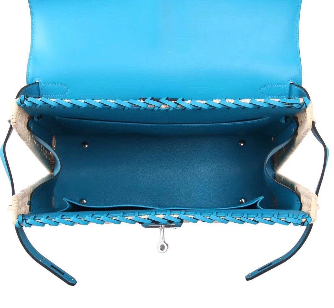Hermes Limited Edition 3Z Bleu Saint Cyr Picnic Kelly 35 Wicker Palladium Hardware
