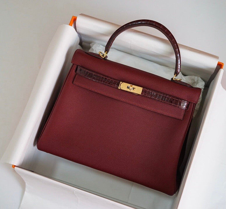 Hermes Bordeaux Kelly Touch bag 32 Retourne Togo/ Niloticus Crocodile