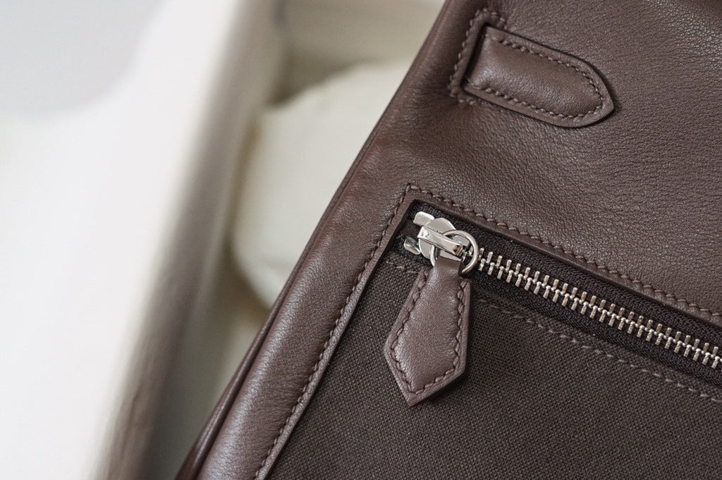 Hermes LIMITED EDITION EBENE SWIFT LEATHER & TOILE LAKIS KELLY 32 WITH PALLADIUM HARDWARE