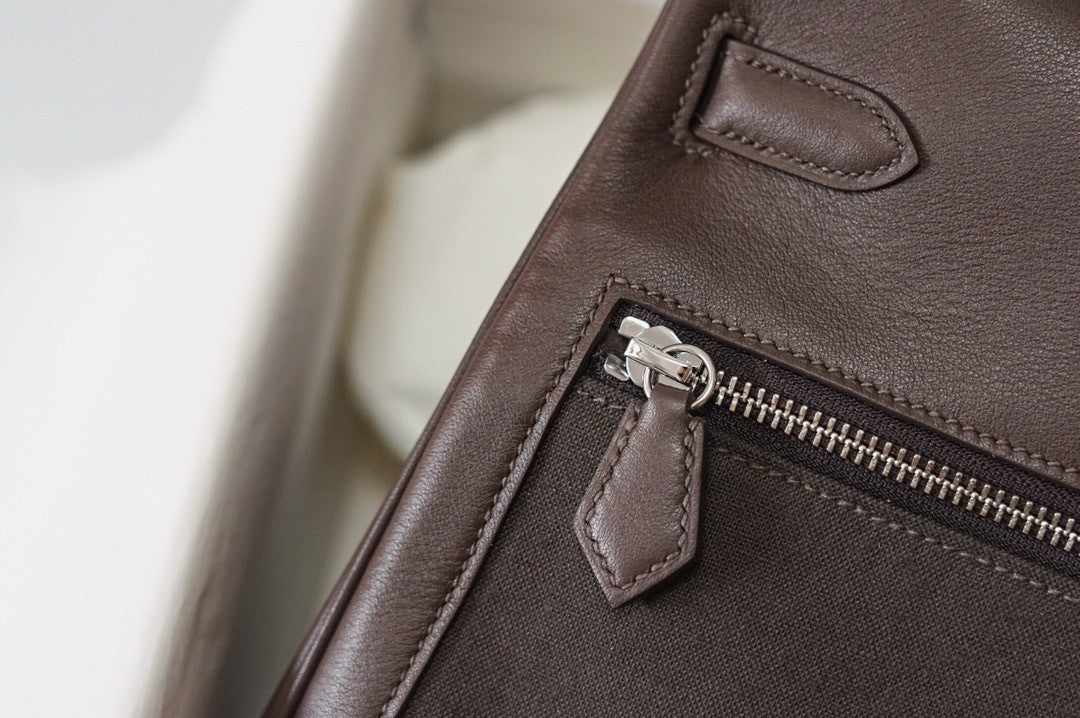 Hermes LIMITED EDITION EBENE SWIFT LEATHER & TOILE LAKIS KELLY 32 WITH PALLADIUM HARDWARE