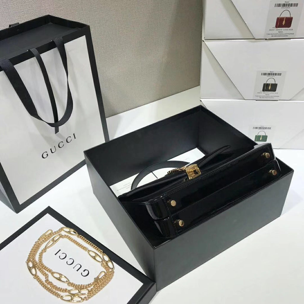 Gucci Sylvie 1969 patent leather mini top handle bag Black