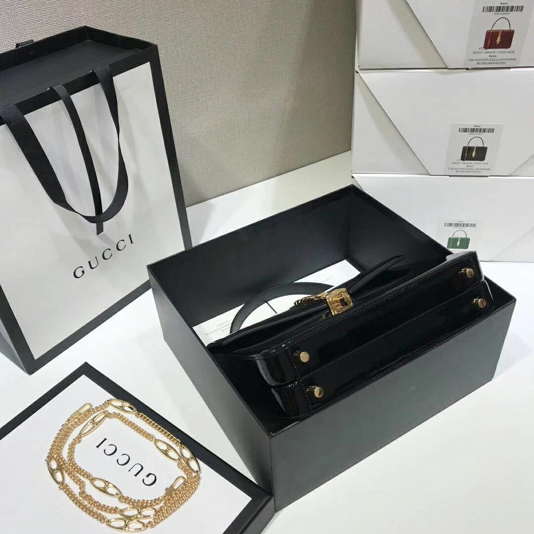 Gucci Sylvie 1969 patent leather mini top handle bag Black